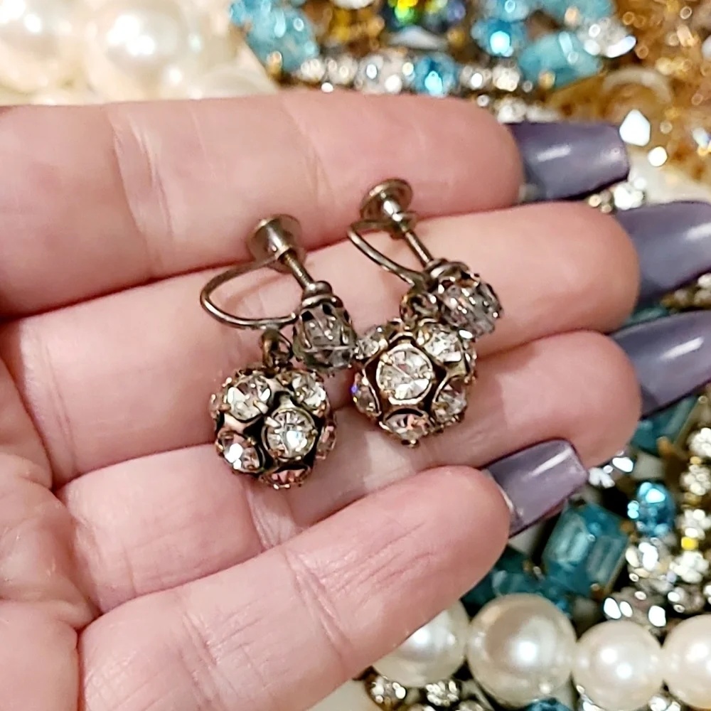 Vintage Crystal Sphere Screwback Dangle Earrings